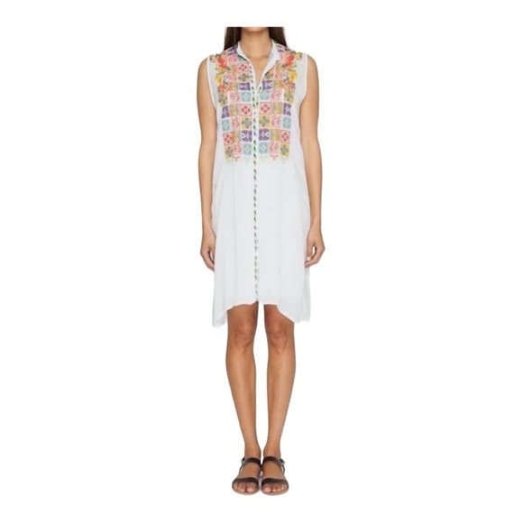 JOHNNY WAS Torreya White Multicolor Embroidered Button Down Sleeveless Dress S - Picture 4 of 10